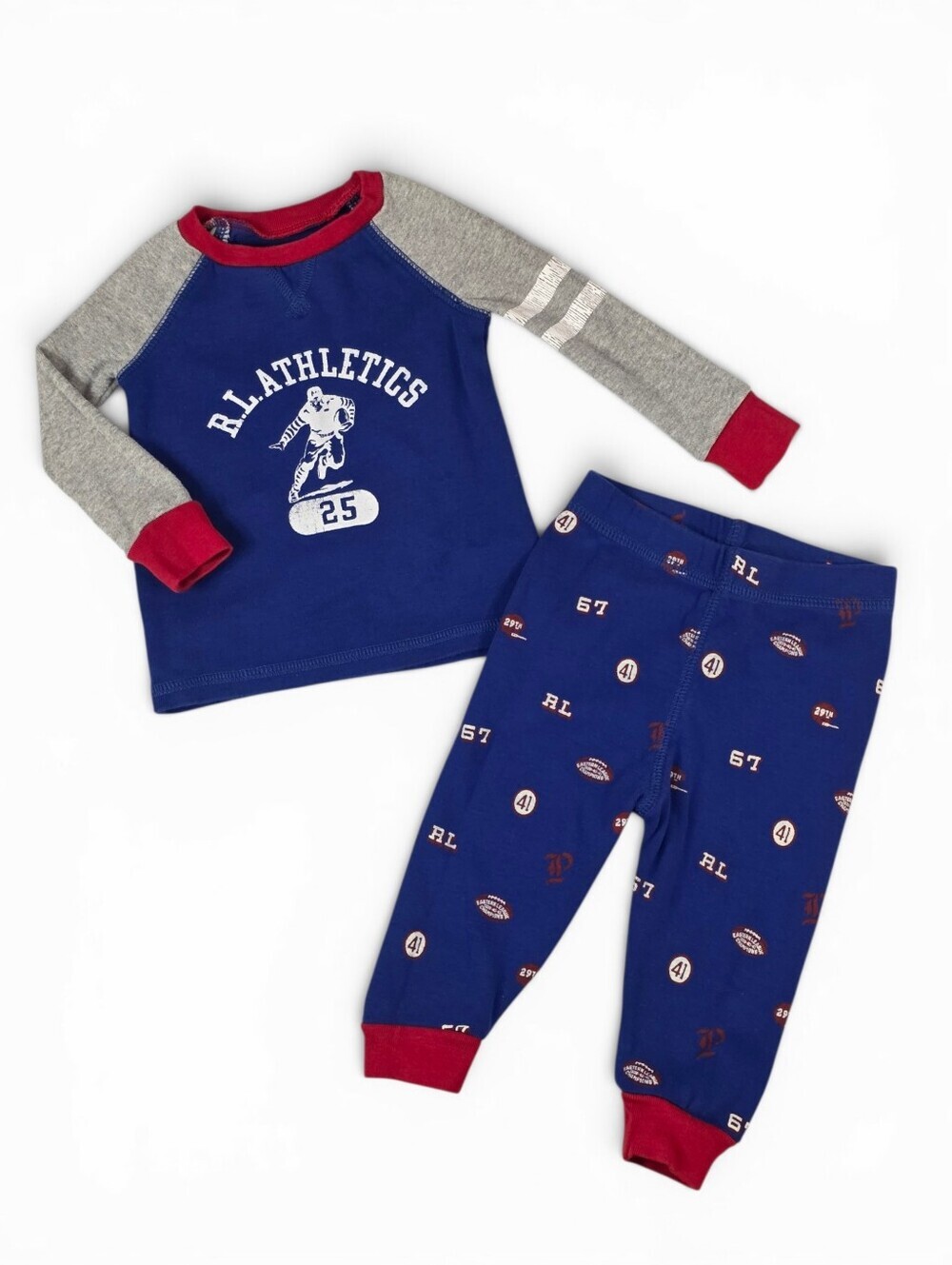 Polo Ralph Lauren Baby Boys 9M Football Pajama Set Blue 2 Piece Cotton Preppy